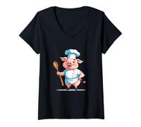 Mujer Cerdito cocinero cartoon con gorro y cuchara Camiseta Cuello V