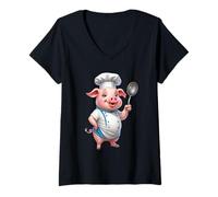 Mujer Cerdito Cocinero Divertido con Cuchara de Cocina Camiseta Cuello V