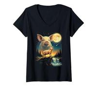 Mujer Cerdo Aullando a la Luna Meme Funny 90's Pig Farm Animal Camiseta Cuello V