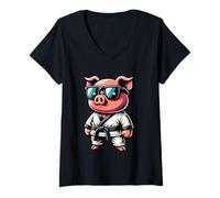Mujer Cerdo Karateka Con Gafas Cool Estilo Camiseta Cuello V