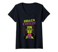 Mujer Cerebro Congelando Divertido Pixel Art Frankenstein Halloween Camiseta Cuello V