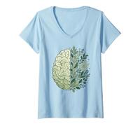 Mujer Cerebro Floral Verde Conciencia Salud Mental Crecimiento Mentalidad Camiseta Cuello V