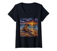 Mujer Cervatillo Gran danés Perro en una Playa Puesta de Sol Obra de Arte de Verano Camiseta Cuello V