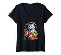 Mujer Cesta de huevos de Pascua con gato gatito huevos coloridos Camiseta Cuello V