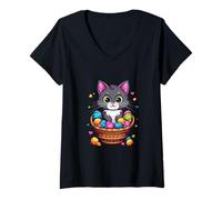 Mujer Cesta de huevos de Pascua con gato gatito huevos coloridos Camiseta Cuello V