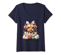 Mujer Cesta de Pascua de Pascua con diseño de vaca linda Camiseta Cuello V