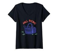 Mujer Cesta de Picnic de otoño con Manzanas Baguette Camiseta Cuello V