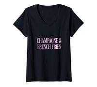 Mujer Champán y Papas Fritas Maridaje de Comida y Vino Camiseta Cuello V