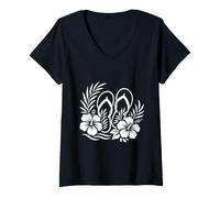 Mujer Chanclas De Verano Flores De Hibisco Tropical Blanco Floral Camiseta Cuello V