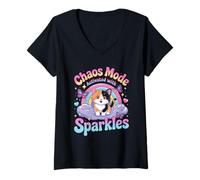 Mujer Chaos Mode Activated With Sparkles Fun Kitten Camiseta Cuello V