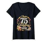 Mujer Chapter 75 Fabulous Since 1951 Floral 75th Birthday Women Camiseta Cuello V
