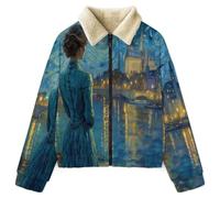 Mujer Chaqueta Fleece Con Cielo Estrellado Abstracto Forro Polar Chaqueta Pintura Al Óleo Vintage 3D Chandal Cremallera Invierno Suave Cálido Sudaderas De Felpa Ajuste Con Bolsillo S-6Xl, Azul Marino