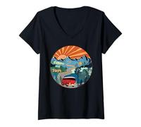 Mujer Chase Sunshine Retro Viajes por carretera Montañas Camper Aventura Camiseta Cuello V