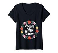 Mujer Chasing After Jesus and Toddlers Caos Cristiano - Camiseta Cuello V