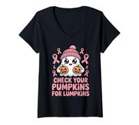 Mujer Check Your Pumpkins for Lumpkins Halloween Breast Cancer Camiseta Cuello V
