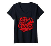 Mujer Cheer Gigi Biggest Fan Leopard Print Negro Y Rojo Pom Pom Camiseta Cuello V