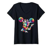 Mujer Cheerleader Pom Poms Colorful Outfit Rainbow Tie Dye Camiseta Cuello V