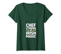 Mujer Chef agitando el Día de San Patricio mágico irlandés Camiseta Cuello V