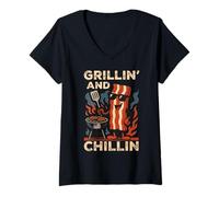 Mujer Chef patriótico de tocino Grillin' & Chillin' con bandera estadounidense Camiseta Cuello V