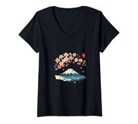 Mujer Cherry Blossom Mount Fuji Japanese Ukiyo-e Sakura Art Camiseta Cuello V