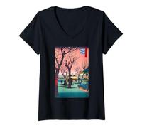 Mujer Cherry Blossom Sakura - Impresión Japonesa en Madera - Sunset Art Camiseta Cuello V