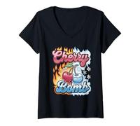 Mujer CHERRY BOMB TSHIRT MENOS HOMBRES CERRIS ROLER DERBY Camiseta Cuello V