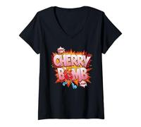 Mujer CHERRY BOMB TSHIRT MENOS HOMBRES CERRIS ROLER DERBY Camiseta Cuello V