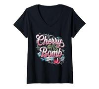 Mujer CHERRY BOMB TSHIRT MENOS HOMBRES CERRIS ROLER DERBY Camiseta Cuello V