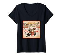 Mujer Chibi Asiático Chino Guerrero Gato - Miau Kung Fu Vintage Art Camiseta Cuello V