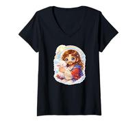 Mujer Chibi Jesucristo Kawaii Sosteniendo el Cordero Camiseta Cuello V