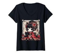 Mujer Chibi Kimono Niña Gato Negro Flores Arte Japonés Mujeres Niños Camiseta Cuello V