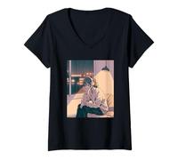 Mujer Chica Anime Lo Fi Relajación Lluvia Noche Camiseta Cuello V