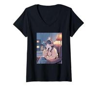 Mujer Chica Anime Lo Fi Relajación Lluvia Noche Camiseta Cuello V