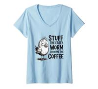 Mujer Chica Divertida prefiere el café a los Gusanos Humor temprano en la mañana Camiseta Cuello V