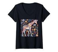 Mujer Chica Jirafa Estampado Floral Patrones Flores Arte Divertido Jirafa Camiseta Cuello V