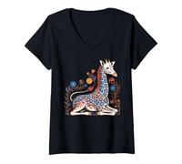 Mujer Chica Jirafa Estampado Floral Patrones Flores Arte Divertido Jirafa Camiseta Cuello V