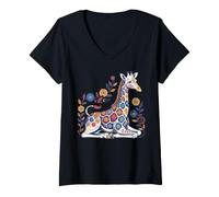 Mujer Chica Jirafa Estampado Floral Patrones Flores Arte Divertido Jirafa Camiseta Cuello V