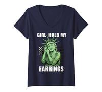Mujer Chica sostiene mis pendientes Estatua de la Libertad Protesta Política Camiseta Cuello V