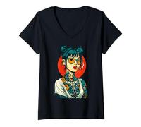 Mujer Chica tatuada en estilo artístico atrevido Streetwear Camiseta Cuello V