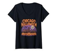 Mujer Chicago Halloween Illinois Midwest Skyline Idea de Disfraz fácil Camiseta Cuello V