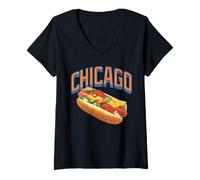 Mujer Chicago Style Hot Dogs Midwest Foodie Orange and Blue Text Camiseta Cuello V