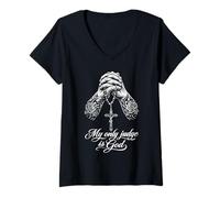 Mujer Chicano Tatuado Mi único Juez es Dios orando Manos Camiseta Cuello V