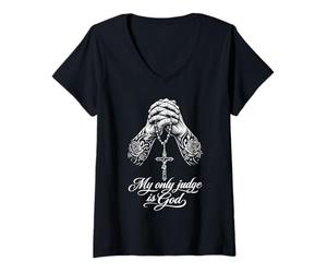 Mujer Chicano Tatuado Mi único Juez es Dios orando Manos Camiseta Cuello V