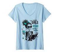 Mujer Chicas Buenas espeluznantes leen Libros picantes Esqueleto gótico Divertido Camiseta Cuello V