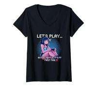 Mujer Chicas de anime: juguemos pero seamos amables, es mi primera vez Camiseta Cuello V