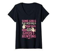 Mujer Chicas de Verdad Van a Cazar Fantasmas Divertido Halloween Paranormal Camiseta Cuello V