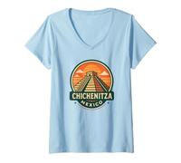Mujer Chichén Itzá México Retro Insignia Pirámide de Viaje Camiseta Cuello V