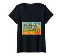 Mujer Chichén Itzá México Vintage Travel Souvenir Art Graphic Camiseta Cuello V