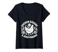 Mujer Chicken Raising Jesus Alabando Funny Farm Christian Faith Camiseta Cuello V