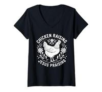 Mujer Chicken Raising Jesus Praising Fe Humana Granja Cristiana Camiseta Cuello V